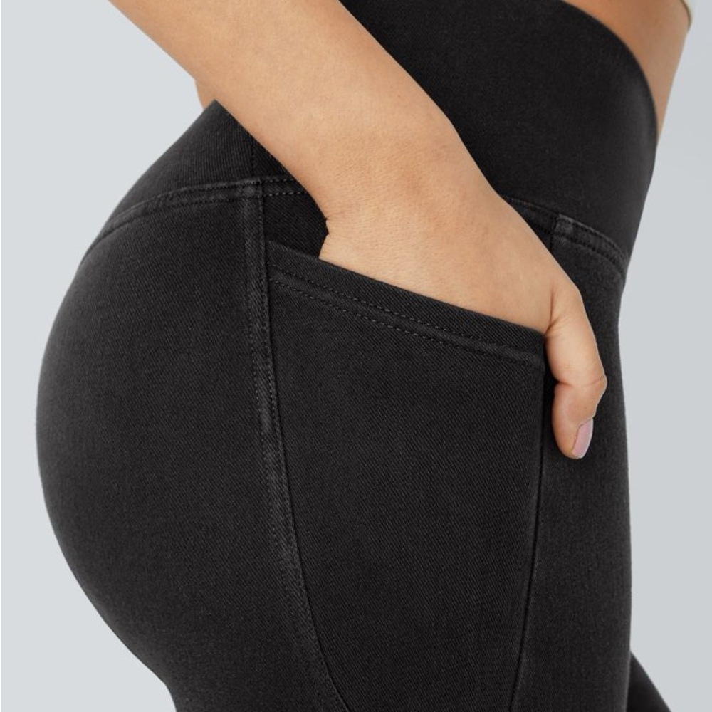 NEW Halara FlexCrossover Pocket Washed Denim Work Leggings Medium Black - Picture 5 of 14